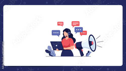 Customer support agent working on a professional laptop with a megaphone and multiple colorful message bubbles.