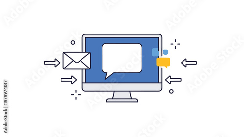 Desktop computer monitor surrounded by email icons and speech bubbles representing incoming digital communication.