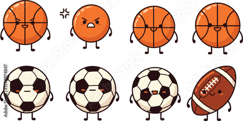 Cute sports ball characters vector set with basketball soccer ball and american football cartoon expressions illustration