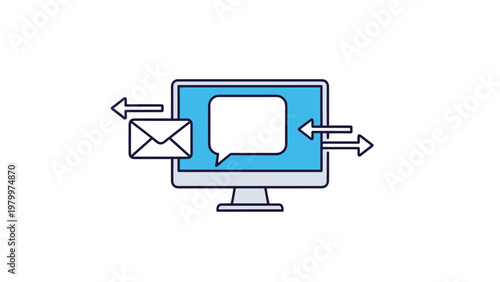 Desktop computer monitor with an envelope icon and arrows showing outgoing and incoming digital mail communication.