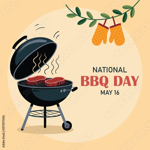 Colorful graphic celebrating National Barbecue Day on May 16th, featuring a grilling image with a playful style. Vector illustration.
