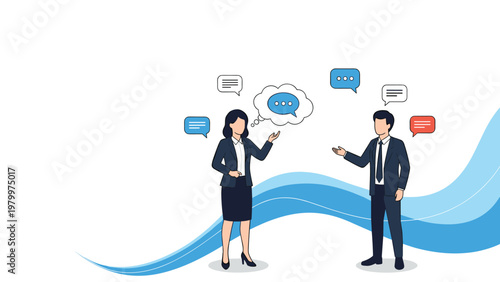 Man and woman in professional suits engaged in a business conversation with multiple speech bubbles overhead.