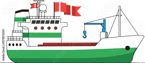 Cargo transport ship vector illustration featuring industrial freight vessel with crane and flags maritime shipping design