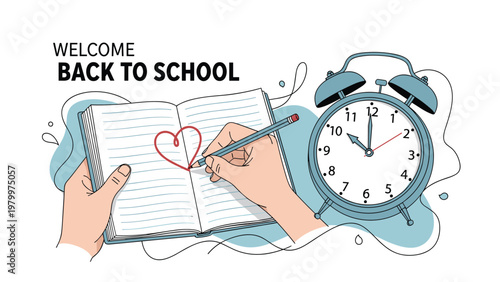 Hand drawing a bright red heart in a lined notebook with a blue alarm clock for a welcome back to school theme.