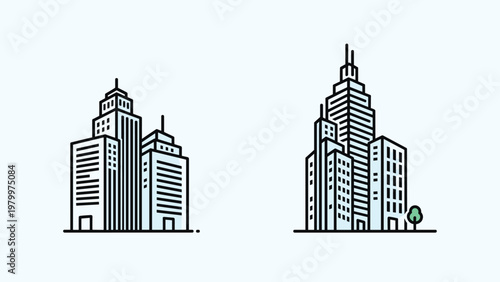 Minimalist linear illustration of two different groups of modern city skyscrapers on a light blue background.