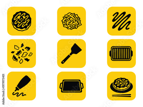 Photos Set of flat icon illustrations depicting Japanese street food okonomiyaki preparation and cooking tools