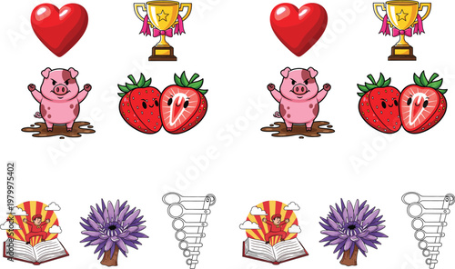 Heart trophy pig strawberries book sunburst flower and screw icons cartoon vector illustration collection for education celebration and design