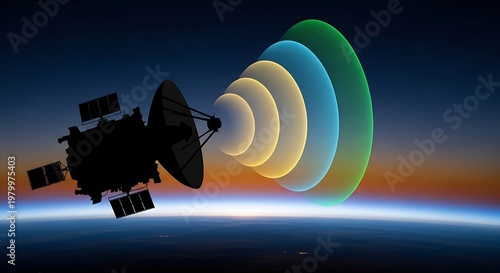 Silhouette of a communication satellite transmitting signals from space above the Earths atmosphere