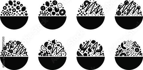 Collection of eight black and white depicting stylized fruit and berry bowls with various ingredients and swirling patterns on a white background