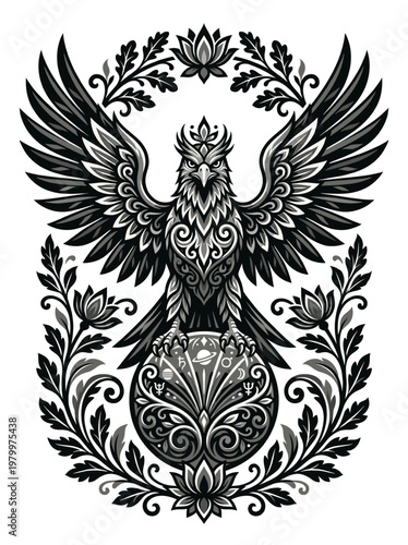 Regal monochrome firebird enthroned above an ornate celestial orb framed by lotus laurels and heraldic wings embodying sacred majesty ritual symmetry and imperial rebirth