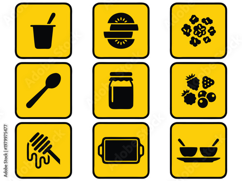 Set of Nine Food and Kitchen Related Icons in Yellow Squares.
