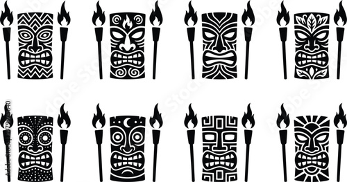Collection of eight stylized black tiki masks each paired with a flaming torch arranged in two rows of four on a white background representing polynesian culture and tropical island decor with