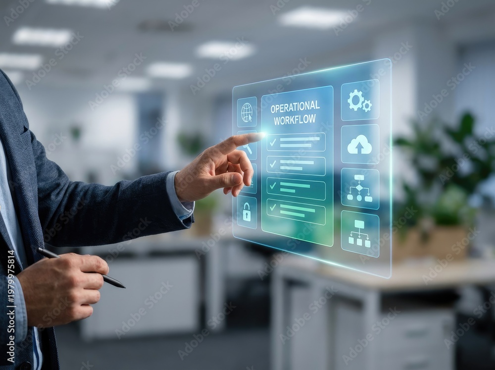 Fototapeta premium Business person touching a glowing digital interface displaying an operational workflow checklist with in a blurred office environment