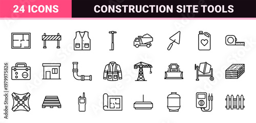 Construction site safety and building tools outline icons