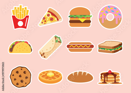 Colorful Cartoon Food Sticker Pack Vector Illustration
