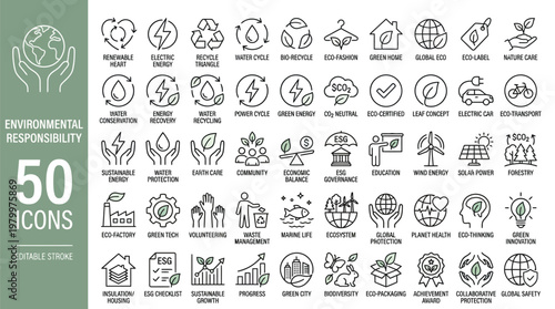 Environmental responsibility icon set. Sustainability, eco-friendly, green energy, recycling, carbon footprint, renewable resources, conservation icons. Thin line editable stroke vector illustrations