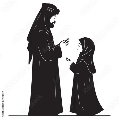 Arab father and daughter in prayer, Islamic cultural family bonding and faith moment, black and white vector illustration.