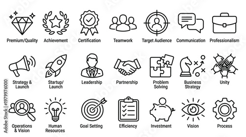 Corporate culture, leadership and teamwork icon set. Mission, vision, strategy, success and values thin line vector editable stroke illustration icons.