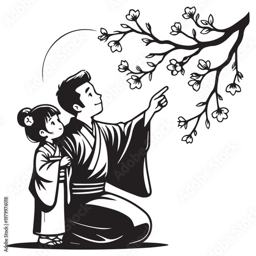 Asian father and daughter admiring cherry blossom tree, beautiful cultural parenting moment, black and white vector illustration.