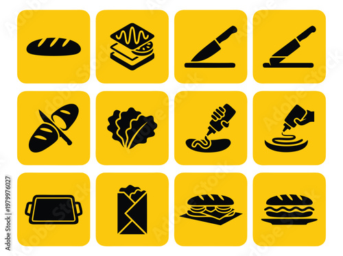 Set of food preparation and sandwich making icons on yellow background.