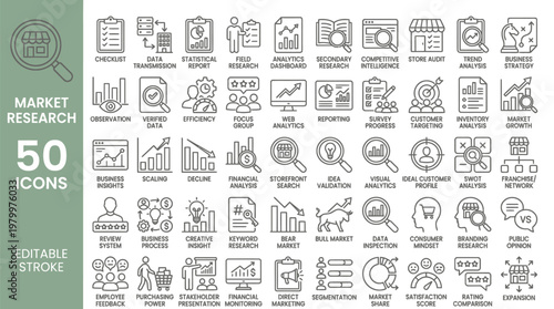 Market research icon set. Analytics, data, audience, strategy, insights, trends, growth icons. Thin line editable stroke vector illustrations