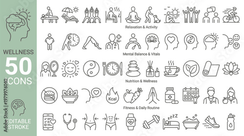 Wellness icon set. Health, self-care, mindfulness, mental health, healthcare, spa, wellbeing, yoga, meditation, healthy lifestyle, fitness icons. Thin line editable stroke vector illustrations.