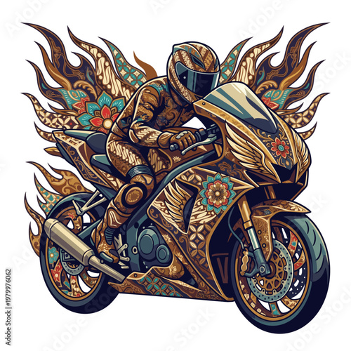 Ember batik racing motorcycle and armored rider blazing through ornate floral flames where heritage pattern speed and mechanical swagger collide in a fierce ceremonial road beast