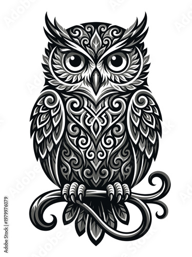 Moonlit filigree owl perched upon a curling branch in black silver ornament merging nocturnal wisdom gothic scrollwork and talismanic symmetry into an enigmatic forest sentinel