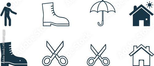 Minimalist vector icon set featuring lifestyle elements like house silhouettes work boots scissors umbrella and human figures for versatile home and professional service design projects.