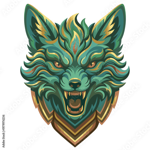 Ferocious teal wolf head portrait in ornate tribal styling showing sharp fangs glowing eyes and layered fur details creating a bold mystical predator character in symmetrical composition