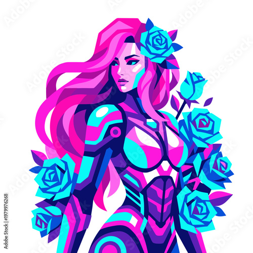 Futuristic floral warrior portrait in neon magenta cyan and violet tones featuring an elegant armored woman surrounded by blooming roses in a vivid fantasy character composition