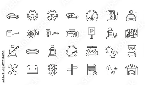 Civil car line icons set with automotive transport elements editable stroke vector collection