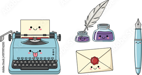 Cute writing tools vector set with typewriter ink bottle feather pen envelope and stationery cartoon illustration design