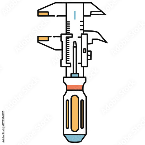 An illustration depicts a screwdriver with vernier calipers measuring its length on a workbench.