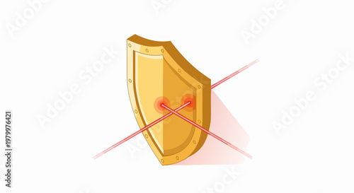 Golden Shield Defending Against Red Laser Beams, Isometric Cybersecurity Protection and Firewall Concept Illustration