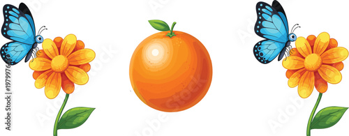 Blue butterfly on orange flower and fresh orange fruit illustration set colorful nature elements cartoon vector collection
