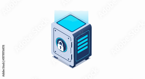 Isometric 3D Illustration of a Digital Data Vault and Secure Server for Cybersecurity, Cloud Storage, and Fintech Information Protection