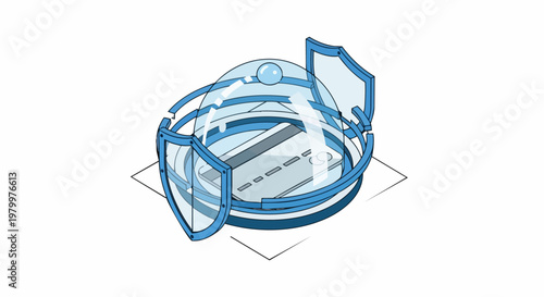 Isometric Illustration of Credit Card Security Concept with Shield and Protective Glass Dome for Safe Financial Transactions