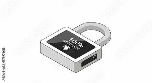 Isometric Cyber Security Padlock with 100% Complete Screen Notification for Data Protection and System Safety Concept