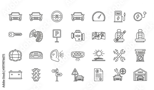 Civil car line icons set with automotive transport elements editable stroke vector collection