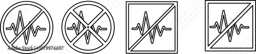 No sound or pulse wave icon set featuring prohibited heart rate frequency and medical signal symbols for silent mode hospital safety and healthcare concepts.