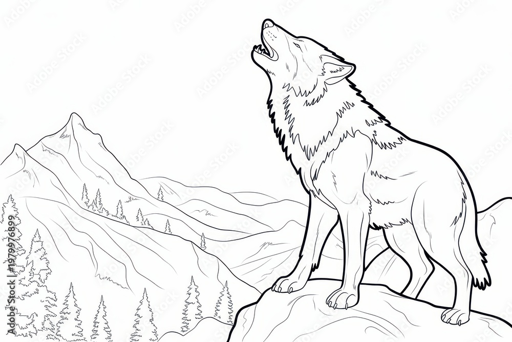 Obraz premium Minimalist wolf line art illustration, howling wolf outline on mountain landscape, monochrome nature sketch background