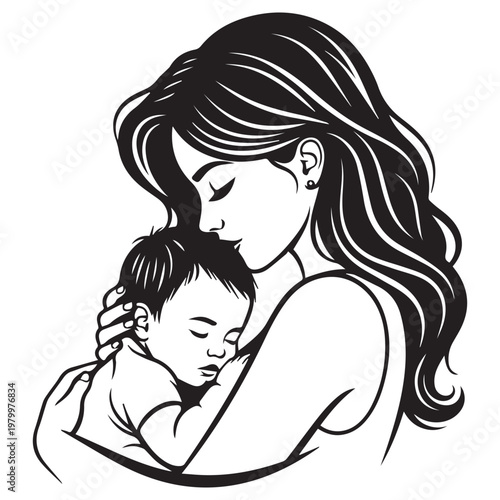 Mother hugging sleeping child, depicting comfort and maternal love in black and white vector illustration.