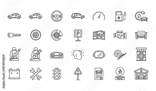 Civil car line icons set with automotive transport elements editable stroke vector collection