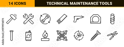 Minimalist hardware repair and technical maintenance line icon set