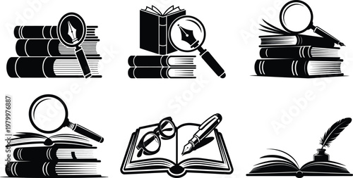 Black and white of books with magnifying glasses and writing instruments stack of books