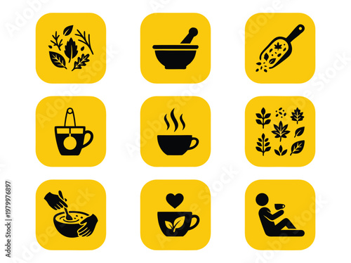 Set of Nine Herbal Tea and Natural Medicine Vector Icons.