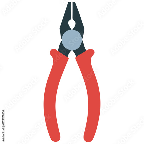 A pair of red-handled pliers with a gray circle and black tips is shown.