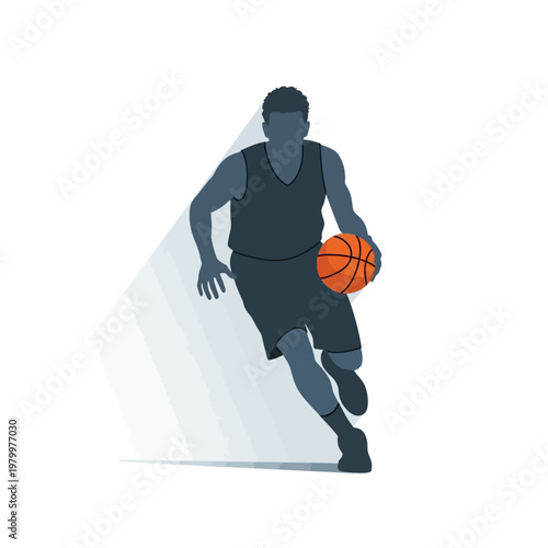 Silhouette of a basketball player dribbling a ball, dynamic movement, isolated on white background