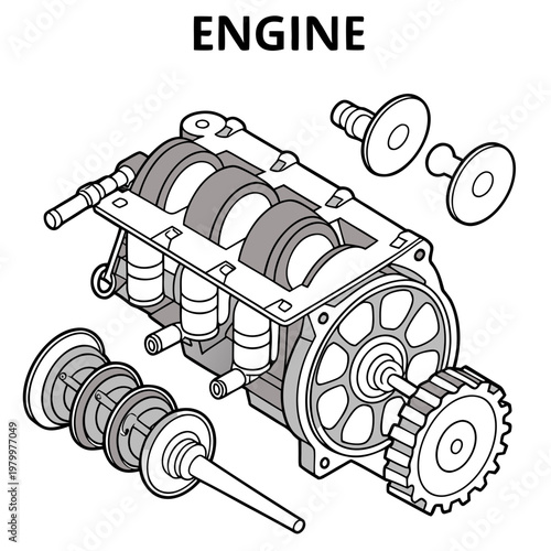 Exploded diagram of a small engine motor with visible internal parts internal combustion engine block spark plug white background automotive components mechanical assembly illustration